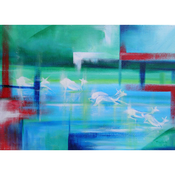 modern schilderij van een kudde springbokken springend door het water