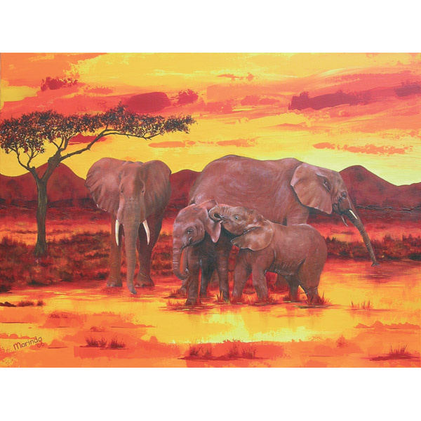 familie olifanten bij een ondergaande zon in oranje tinten