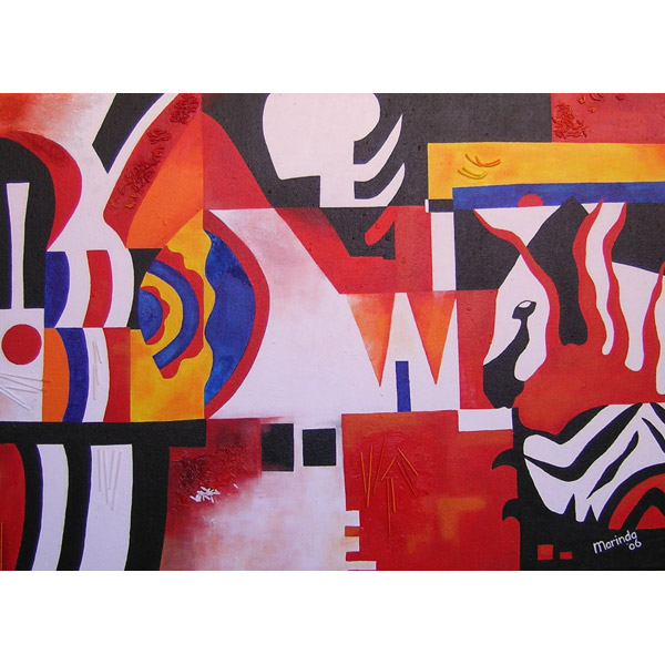 modern schilderij met afrikaanse motieven in felle kleuren